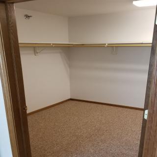An empty walk-in closet with shelving and a carpeted floor.