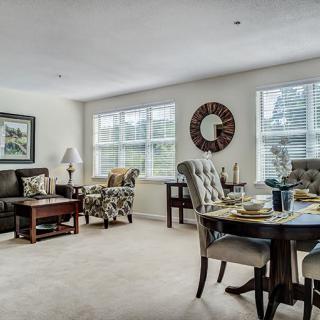 A modern living room and dining area with stylish furniture and ample natural light.