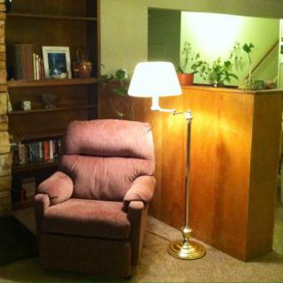 A cozy living room corner with an armchair, floor lamp, and bookshelf.