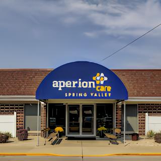 Entrance of Aperion Care Spring Valley with a blue awning.