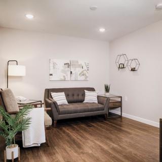 A modern living room with a minimalist design, featuring a gray sofa, wall art, indoor plant, and hardwood flooring.