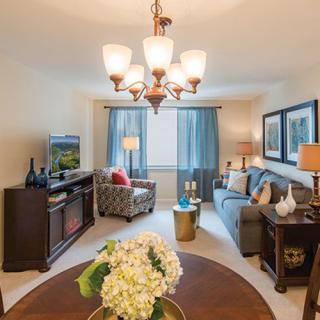 A cozy living room with elegant decor, featuring a sofa, television, and a central chandelier.