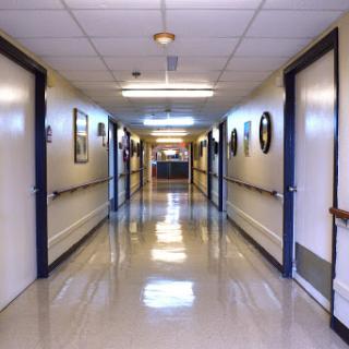 A quiet hallway with doors on either side, illuminated by overhead lights.