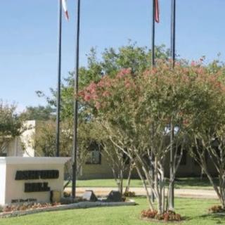 A landscaped area with flagpoles and trees next to a building.