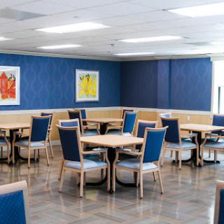 A modern dining area featuring wooden tables and blue chairs with colorful artwork on the walls.