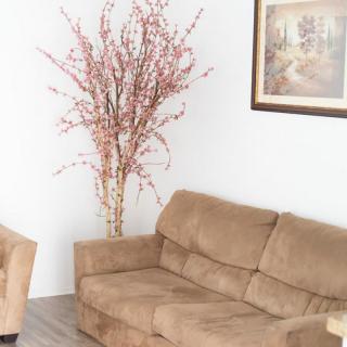 A cozy living room featuring a beige sofa, armchair, artwork on the wall, and a decorative vase with pink flowering branches.