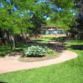 A serene garden with a winding pathway surrounded by lush greenery and trees.