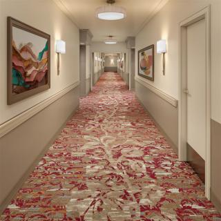 A hotel hallway featuring patterned carpet and artwork on the walls.