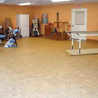 An empty physical therapy room equipped with various rehabilitation tools and exercise equipment.