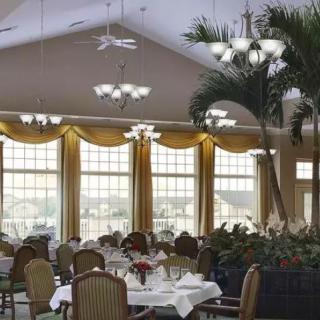 Elegant dining room with large windows, decorative plants, and neatly set tables.