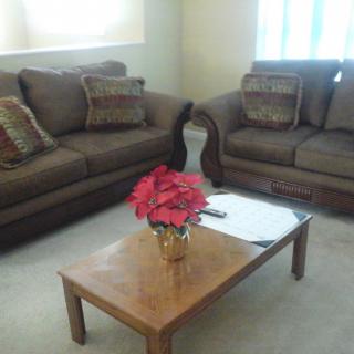 A cozy living room with two sofas and a coffee table featuring a vase of flowers.