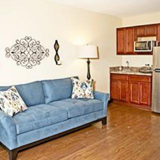 A cozy living space featuring a blue sofa, a kitchenette with stainless steel appliances, and decorative wall art.