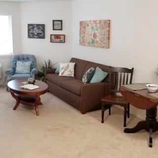 A cozy living room with a brown sofa, wooden coffee table, blue armchair, and wall art decorations.