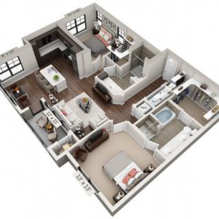A 3D floor plan of a modern apartment featuring one bedroom, a bathroom, kitchen, and living area.