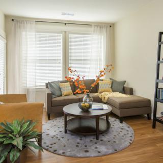 A cozy and well-lit living room featuring a comfortable sofa, a round coffee table, decorative accents, and large windows with sheer curtains.