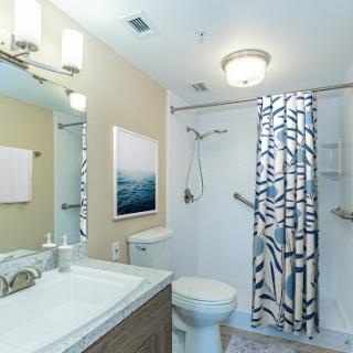A modern bathroom featuring a clean aesthetic with a blue and white shower curtain, elegant lighting, and stylish decor.