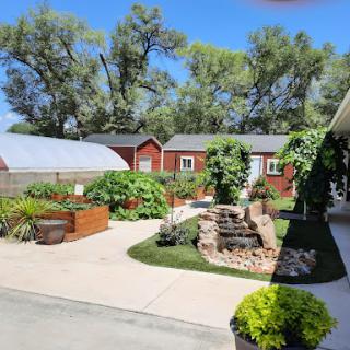 A serene garden space featuring wooden structures, lush plants, and a peaceful pond.