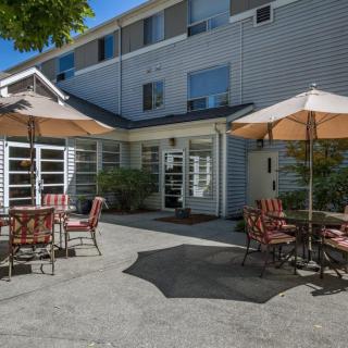 A sunny outdoor patio with tables and umbrellas outside a building.