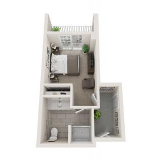 A 3D floor plan of a compact one-bedroom apartment featuring a living area, bathroom, and balcony.
