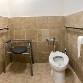 An accessible bathroom featuring a toilet and safety grab bars.