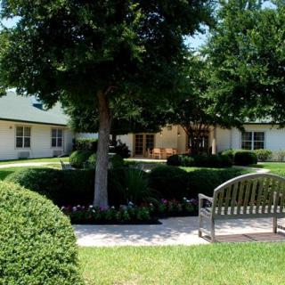 A peaceful garden with a bench, surrounded by trees and bushes in front of a building.