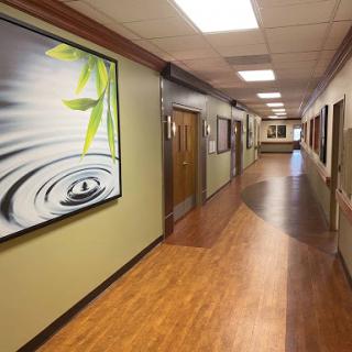 A serene and modern hallway featuring decorative artwork and wooden flooring.