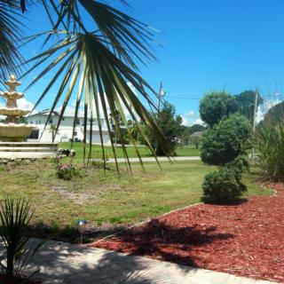 A serene garden with a fountain and palm trees under a clear blue sky.