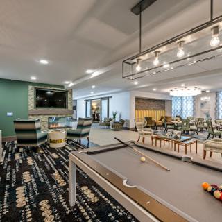 A stylish recreational room featuring a pool table and a comfortable lounge area.