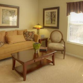 A cozy living room with a sofa, armchair, and a coffee table adorned with decor items.