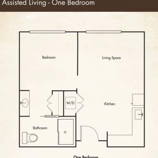 Floor plan of a one-bedroom assisted living apartment.