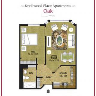 Floor plan of the Oak apartment layout at Krellwood Place Apartments, featuring a one-bedroom design.