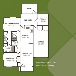 A detailed floor plan of a residential unit featuring multiple rooms, a sun room, and garage.