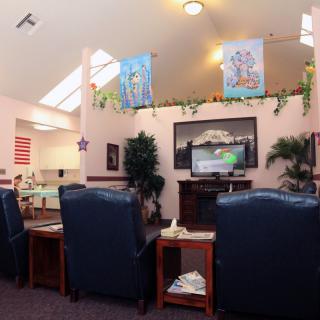 A comfortable office waiting area with seating, a television, plants, and decorative elements.