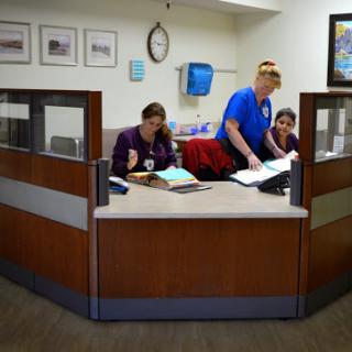 Healthcare reception area with staff attending to paperwork.