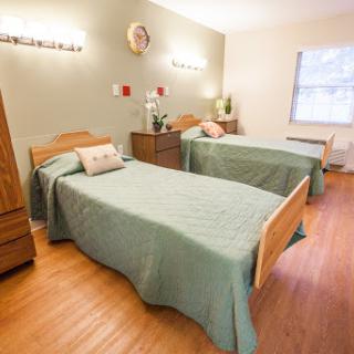 A cozy bedroom featuring twin beds with green bedding, complemented by wooden furniture and natural lighting.