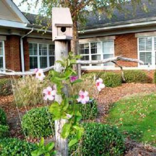 A birdhouse surrounded by blooming flowers in a well-maintained garden in front of a brick building.