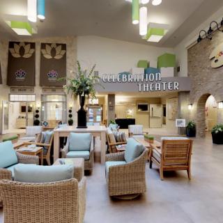 A modern hotel lobby with comfortable seating and stylish decor.