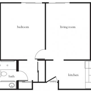 Simple floor plan of an apartment with bedroom, living room, kitchen, and bath.