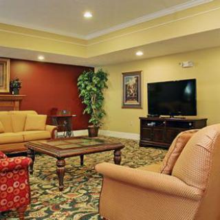 A cozy living room with comfortable seating, a large television, and elegant decor.