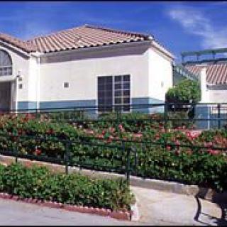 A residential building with a well-maintained garden and tiled roof.