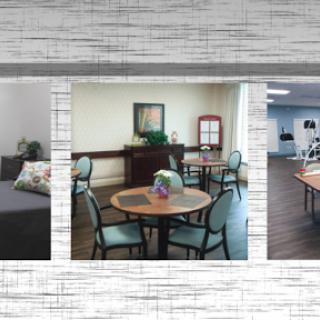 A glimpse into a modern rehabilitation center featuring comfortable sitting areas and dining spaces.