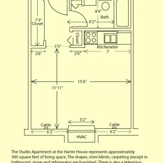 Studio apartment floor plan with dimensions and layout details.