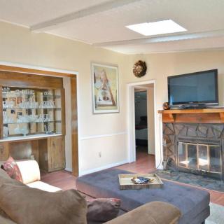 A cozy living room with a sofa, fireplace, and television, lit by a skylight.