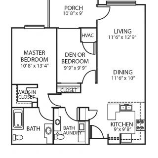 A floor plan of an apartment featuring two bedrooms, a bathroom, kitchen, living room, dining area, and porch.