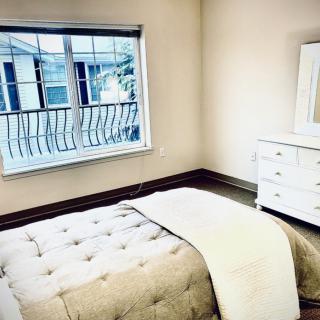 A minimalist bedroom with a bed and dresser near a large window.