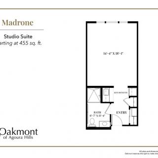 Floor plan of a studio suite named Madrone, offering approximately 455 sq. ft.