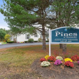 A landscaped entrance sign for 'The Pines' with colorful flowers and trees nearby.