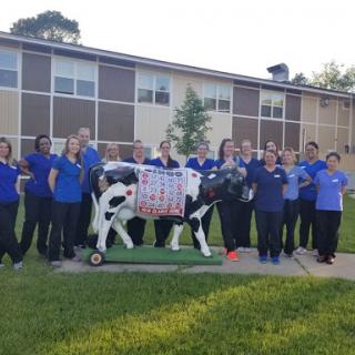 A cheerful group posing together with a cow statue in front of their building.