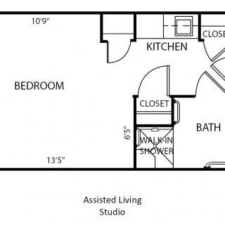 Floor plan of an assisted living studio apartment with a bedroom, kitchen, bathroom, and closets.