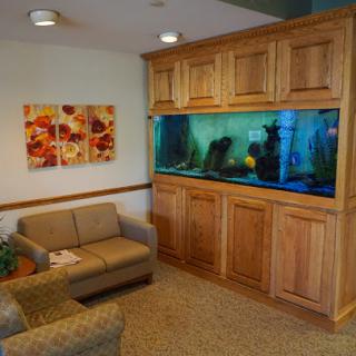 A cozy living room featuring an elegant wooden aquarium and comfortable seating.